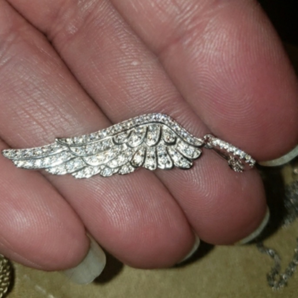 White CZ Rhodium Over Sterling Silver Angel Wing Pendant With Chain 1.21ctw